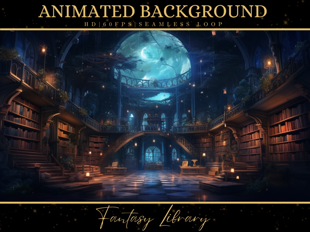 Vtuber Animated Background, Mystical Fantasy Library Scene 2, Dark Overlay, Twitch Stream, Looped Vtuber Background, Fantasy Stream Overlay