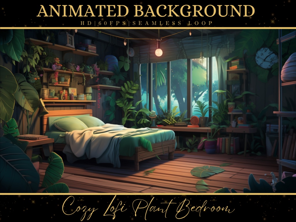 Vtuber Animated Background, Cozy Lofi Plant Bedroom 3, Green Twitch Fantasy Stream Overlay, Virtual Fantasy, Vtuber Seamless Loop Background