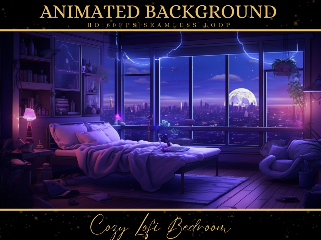Vtuber Animated Background, Cozy Lofi Bedroom Scene, Blue Twitch Fantasy Stream Overlay, Virtual Fantasy, Vtuber Seamless Loop Background