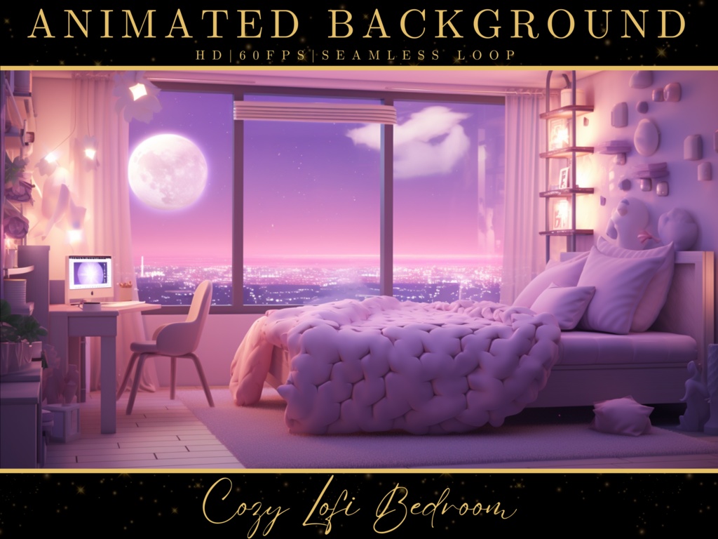 Vtuber Background Animated Cosy Lofi Bedroom Purple Looped 