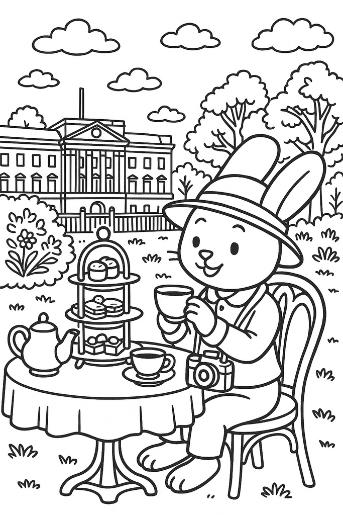 イギリス編 – ビッグベン、アフタヌーンティー、田園風景(A5サイズぬりえ・PDF)