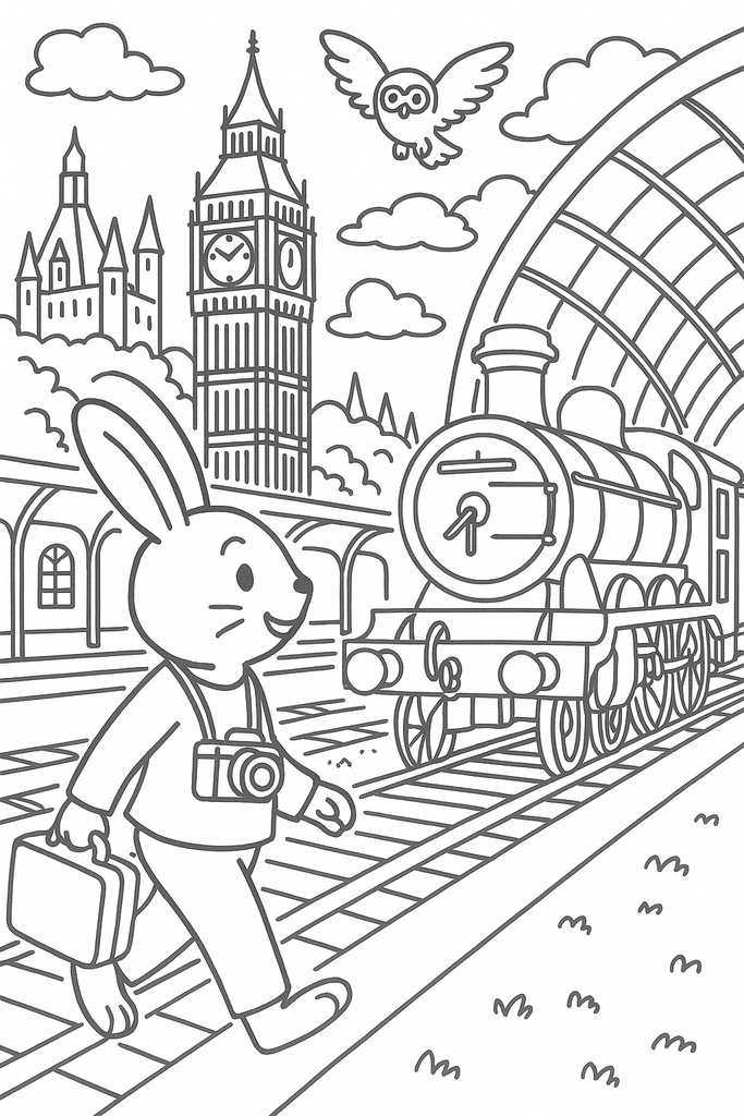 イギリス編 – ビッグベン、アフタヌーンティー、田園風景(A5サイズぬりえ・PDF)