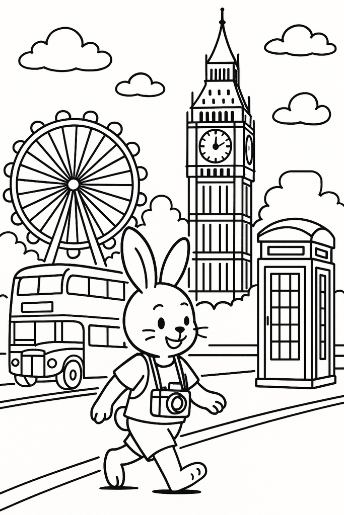 イギリス編 – ビッグベン、アフタヌーンティー、田園風景(A5サイズぬりえ・PDF)