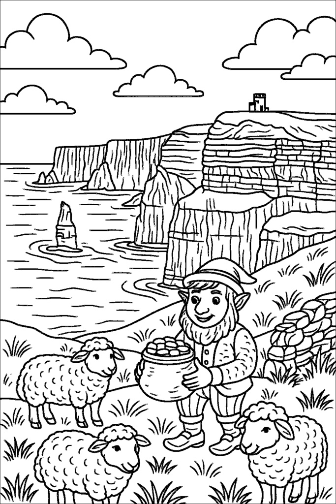 アイルランド編 – ケルティックハープ、モハーの断崖、伝統舞踊(A5サイズぬりえ・PDF)