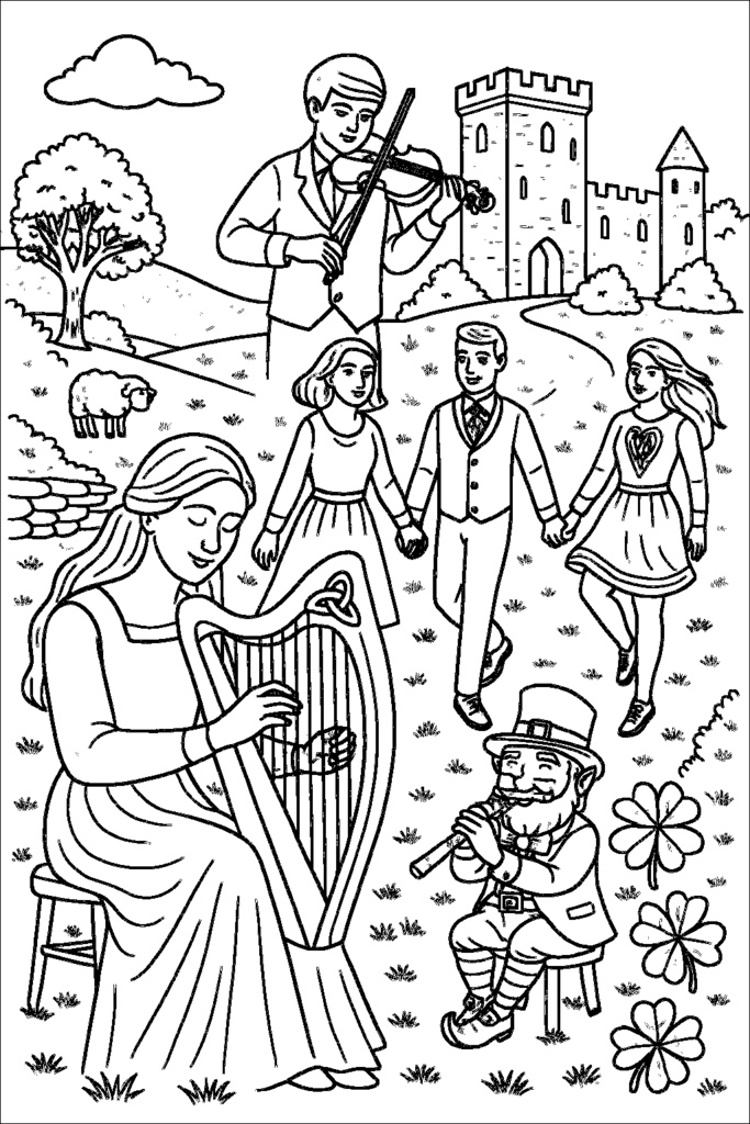 アイルランド編 – ケルティックハープ、モハーの断崖、伝統舞踊(A5サイズぬりえ・PDF)