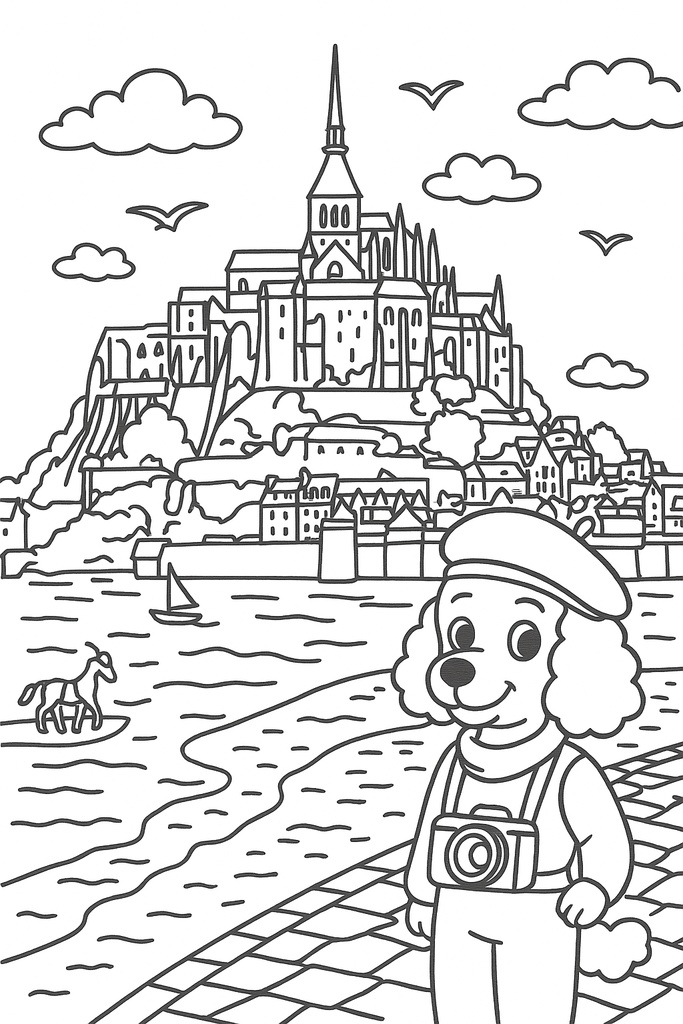 フランス編 – エッフェル塔、モン・サン=ミシェル、カフェ風景(A5サイズぬりえ・PDF)