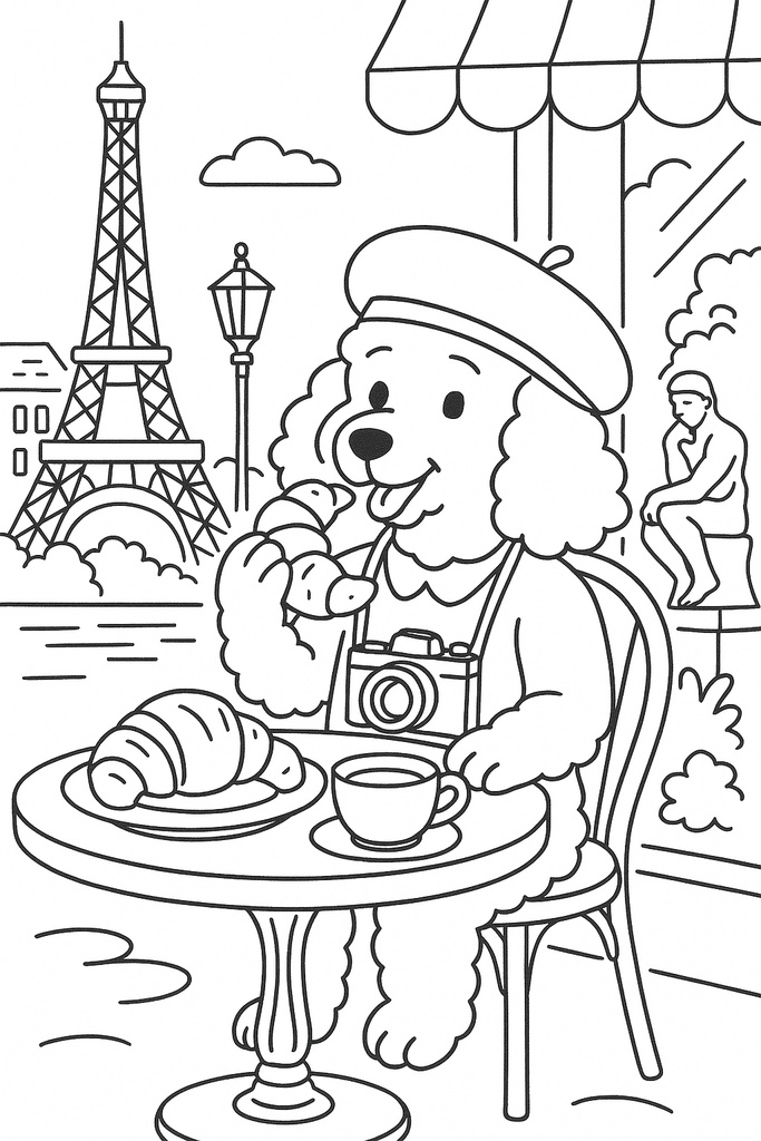 フランス編 – エッフェル塔、モン・サン=ミシェル、カフェ風景(A5サイズぬりえ・PDF)