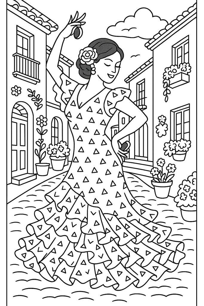 スペイン編 – フラメンコ、サグラダ・ファミリア、闘牛士、アルハンブラ宮殿(A5サイズぬりえ・PDF)