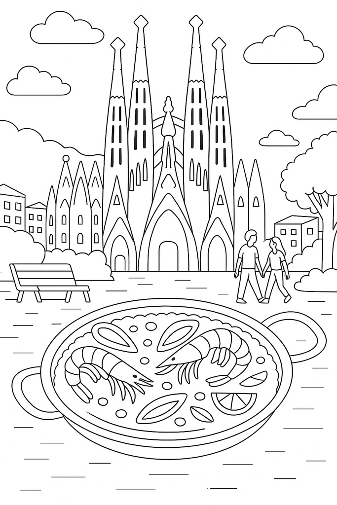 スペイン編 – フラメンコ、サグラダ・ファミリア、闘牛士、アルハンブラ宮殿(A5サイズぬりえ・PDF)