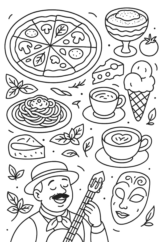 イタリア編 – ピザ、アトラス像、コロッセオ、ピサの斜塔、おいしいもの(A4サイズぬりえ・PDF)