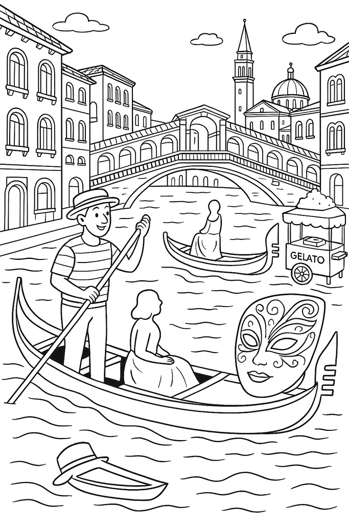 イタリア編 – ピザ、アトラス像、コロッセオ、ピサの斜塔、おいしいもの(A4サイズぬりえ・PDF)