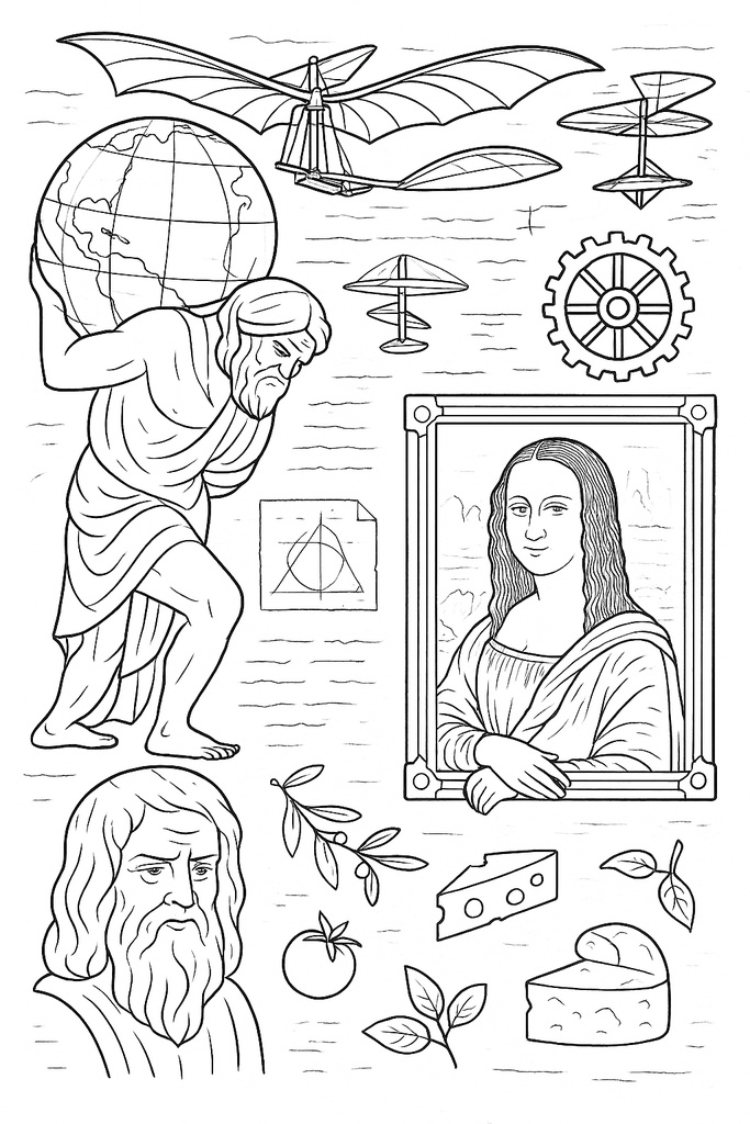 イタリア編 – ピザ、アトラス像、コロッセオ、ピサの斜塔、おいしいもの(A4サイズぬりえ・PDF)