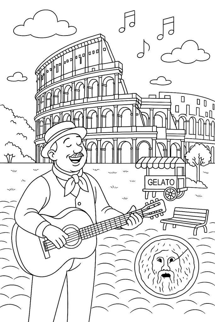 イタリア編 – ピザ、アトラス像、コロッセオ、ピサの斜塔、おいしいもの(A4サイズぬりえ・PDF)