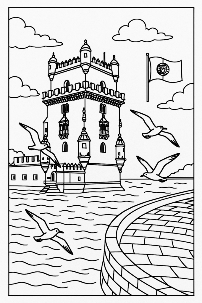 ポルトガル編 – ヴァスコ・ダ・ガマ、リスボンの路面電車、ナザレの大波、ベレンの塔、ポルトの街並みとワイン船(A5サイズぬりえ・PDF)