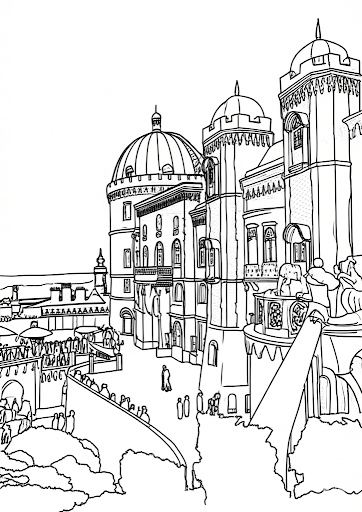 ポルトガル編 – ヴァスコ・ダ・ガマ、リスボンの路面電車、ナザレの大波、ベレンの塔、ポルトの街並みとワイン船(A5サイズぬりえ・PDF)