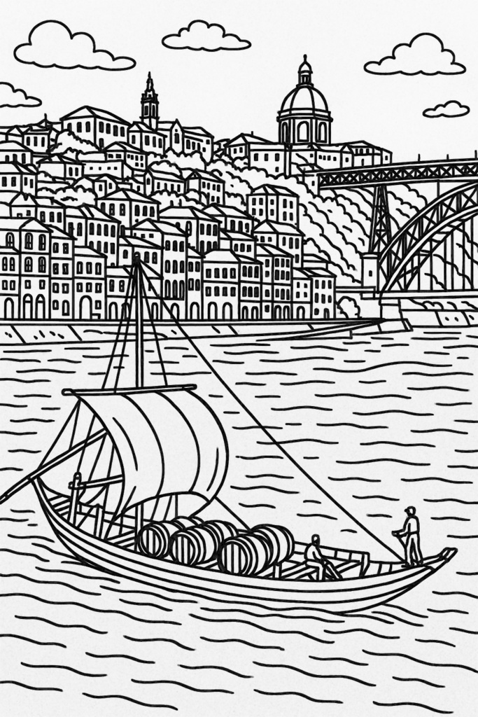 ポルトガル編 – ヴァスコ・ダ・ガマ、リスボンの路面電車、ナザレの大波、ベレンの塔、ポルトの街並みとワイン船(A5サイズぬりえ・PDF)