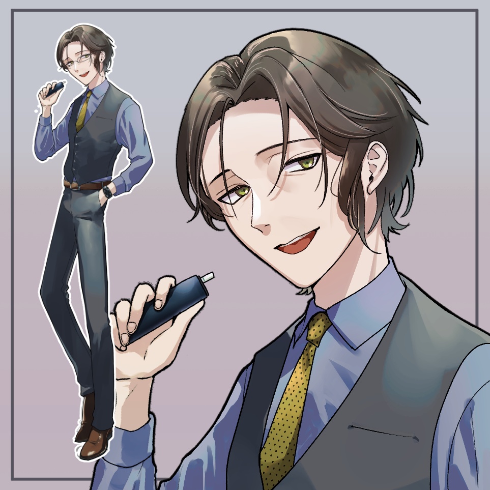 中年男性立ち絵【立ち絵素材・イラスト・おじさん・スーツ・電子タバコ・眼鏡】