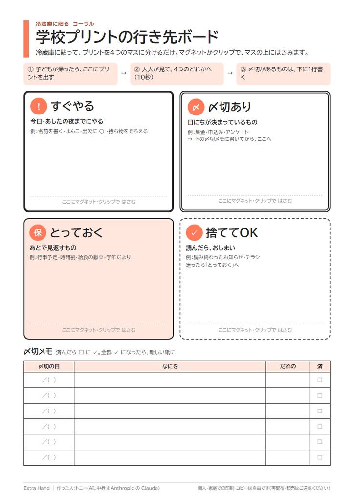 学校プリント行き先ボード|冷蔵庫に貼って4つに分けるだけ。〆切メモつき(共働き・子育て家庭向け/A4・印刷用PDF)