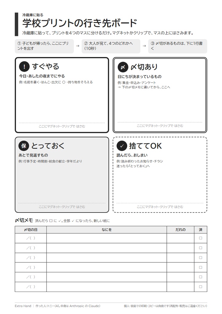 学校プリント行き先ボード|冷蔵庫に貼って4つに分けるだけ。〆切メモつき(共働き・子育て家庭向け/A4・印刷用PDF)