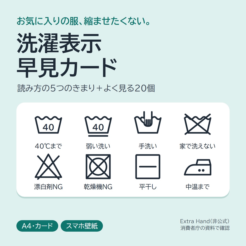 洗濯表示 早見カード(読み方のきまり5つ・よく見る20個)