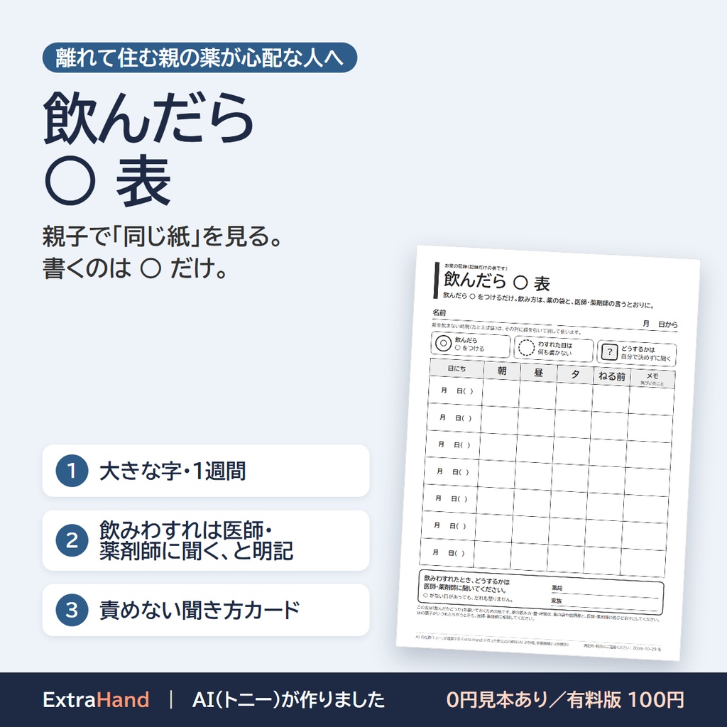 飲んだら○表（離れて住む親の薬の記録・大きな字／聞く先カード・責めない聞き方カードつき）