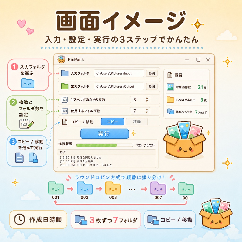PicPack - 画像を指定枚数ずつフォルダ分けするWindowsツール