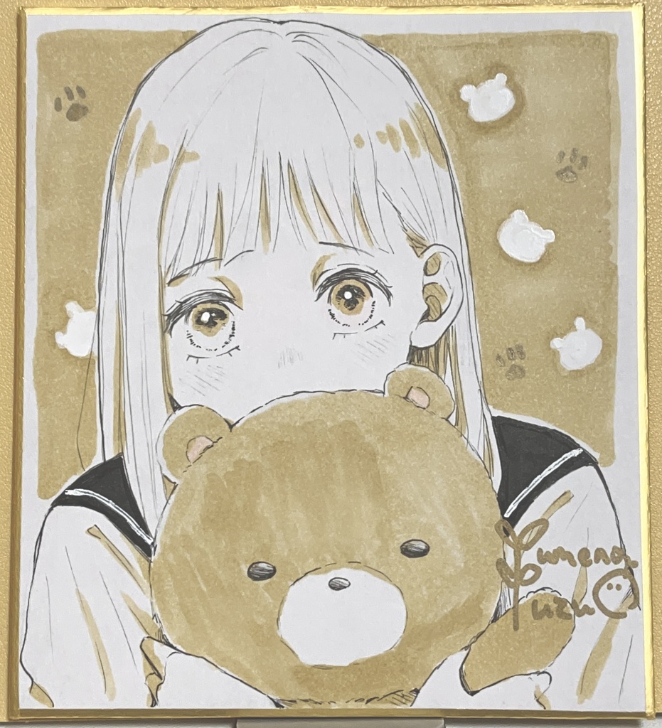 【ミニ色紙原画】クマのぬいぐるみと女子高生🧸