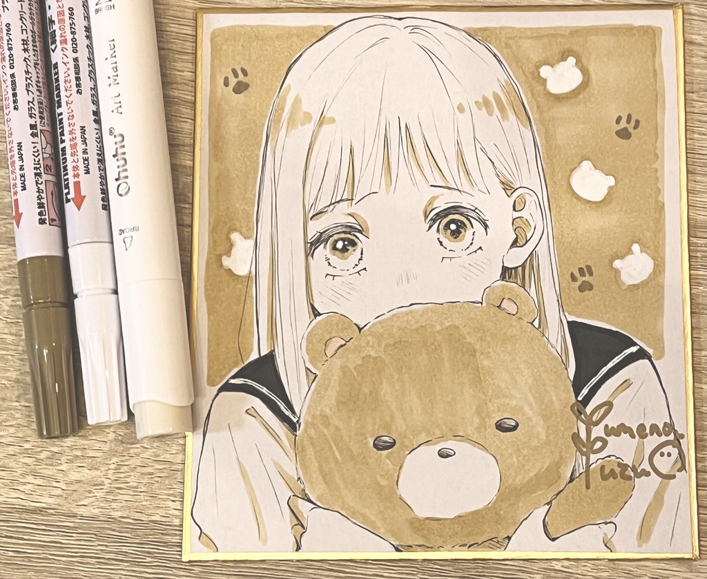 【ミニ色紙原画】クマのぬいぐるみと女子高生🧸