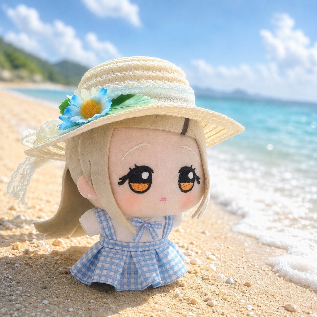 麦わら帽子とチェックお洋服セット