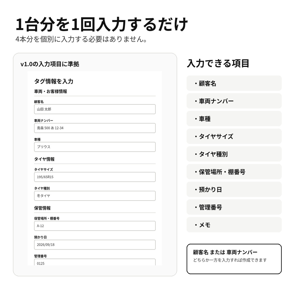 タイヤ預かり4本タグメーカー|A4で4本分を一括作成