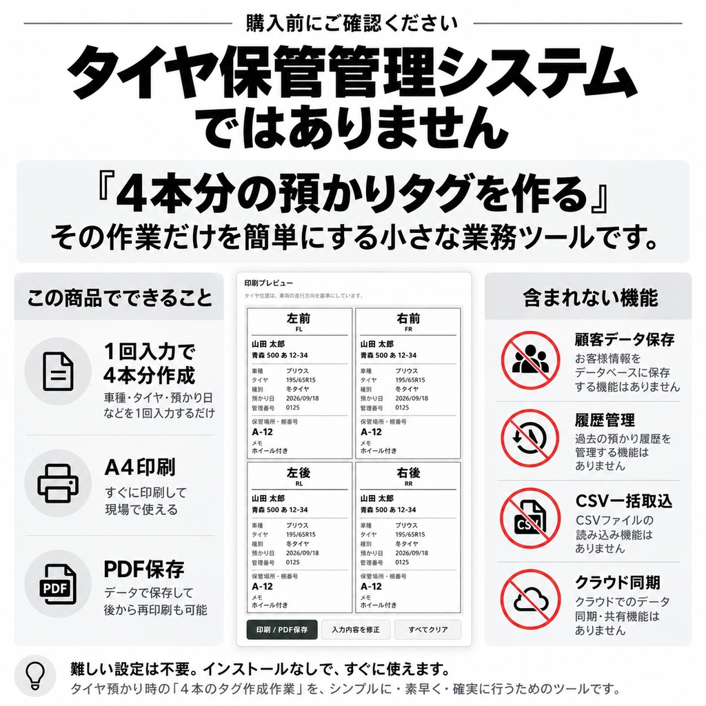 タイヤ預かり4本タグメーカー|A4で4本分を一括作成