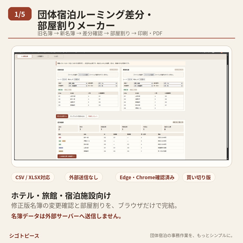 団体宿泊ルーミング差分・部屋割りメーカー｜名簿比較・部屋割り・PDF出力