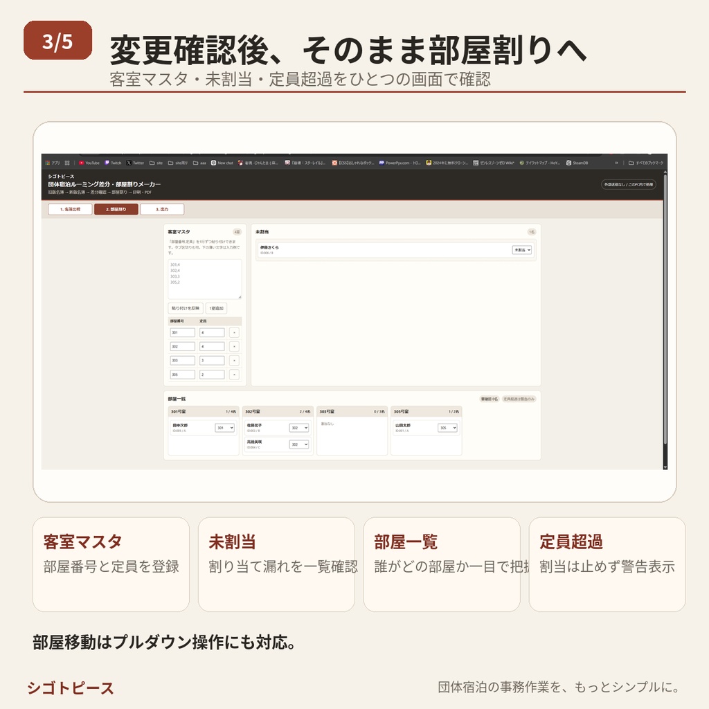 団体宿泊ルーミング差分・部屋割りメーカー|名簿比較・部屋割り・PDF出力