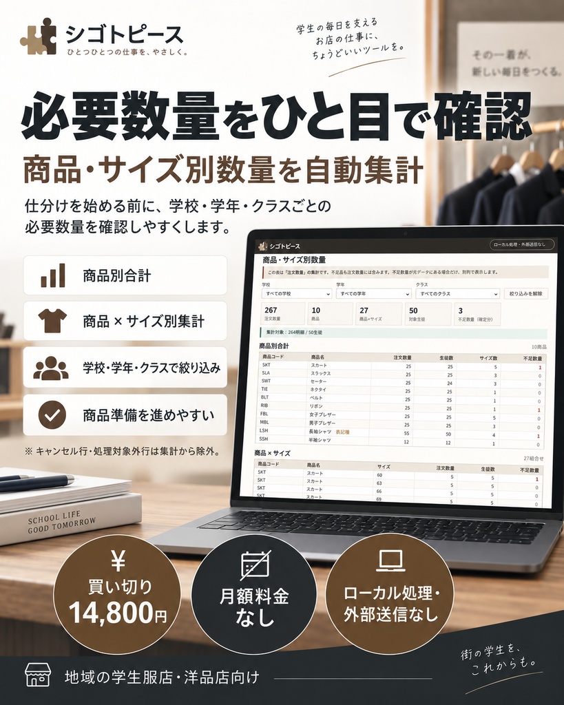 学生服 仕分けメーカー|制服注文データの個人別仕分け・不足管理・袋ラベル