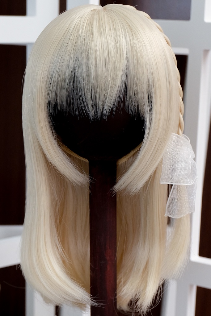 *砂海* ドール用ウィッグ - セミロング + リボン (シルバー&ゴールド&ダークブラウン)