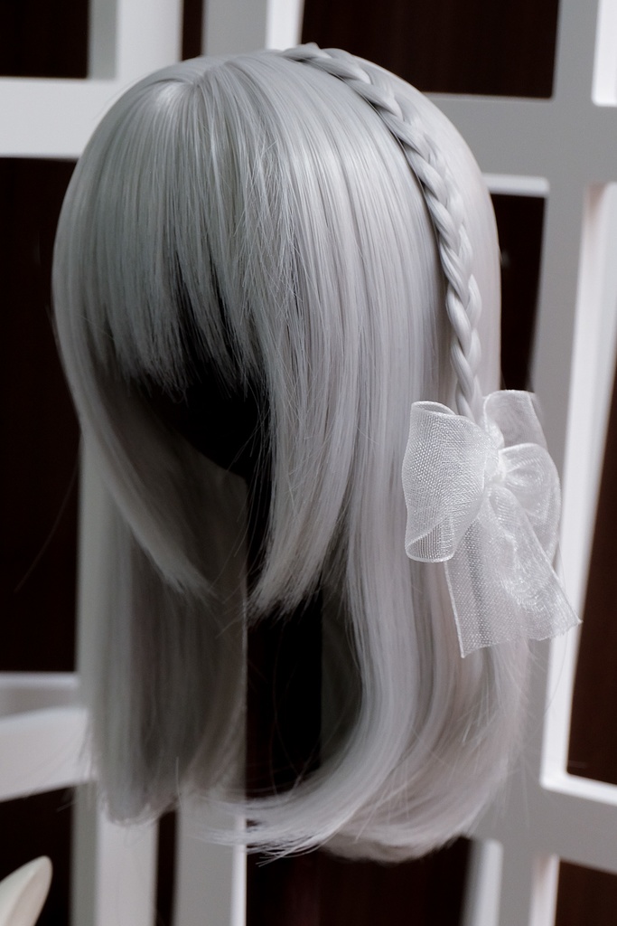 *砂海* ドール用ウィッグ - セミロング + リボン (シルバー&ゴールド&ダークブラウン)