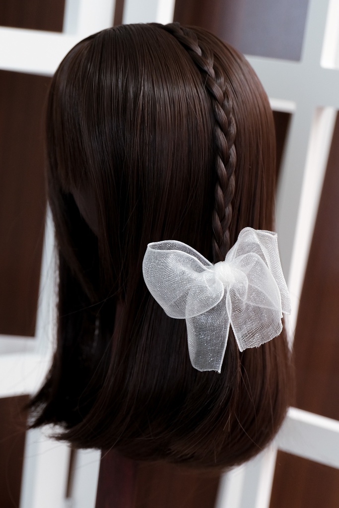 *砂海* ドール用ウィッグ - セミロング + リボン (シルバー&ゴールド&ダークブラウン)