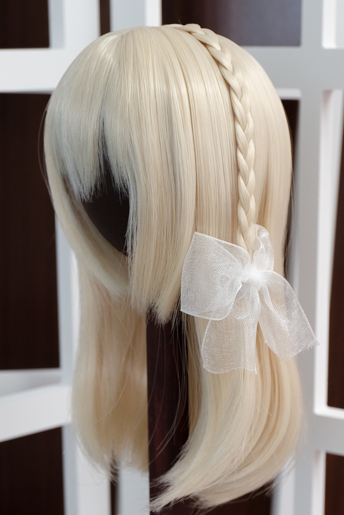 *砂海* ドール用ウィッグ - セミロング + リボン (シルバー&ゴールド&ダークブラウン)