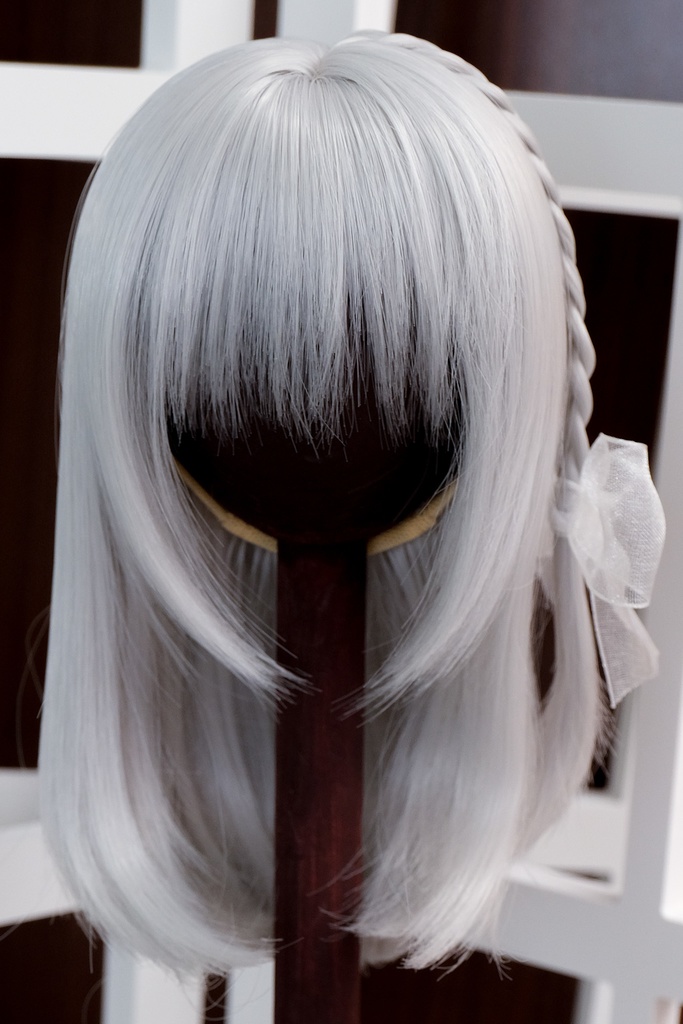 *砂海* ドール用ウィッグ - セミロング + リボン (シルバー&ゴールド&ダークブラウン)