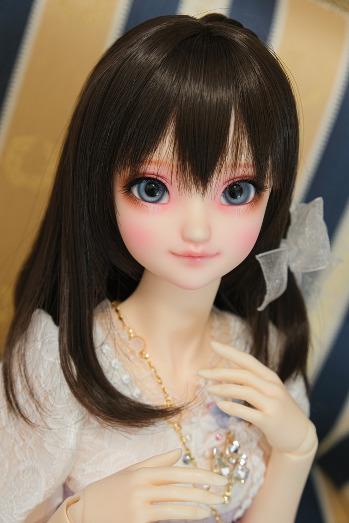 *砂海* ドール用ウィッグ - セミロング + リボン (シルバー&ゴールド&ダークブラウン)