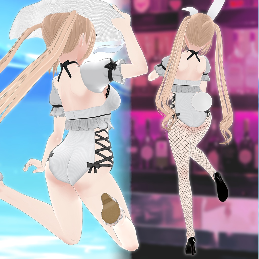 【2way】編み上げフリル水着&リボンバニー【Vroid】