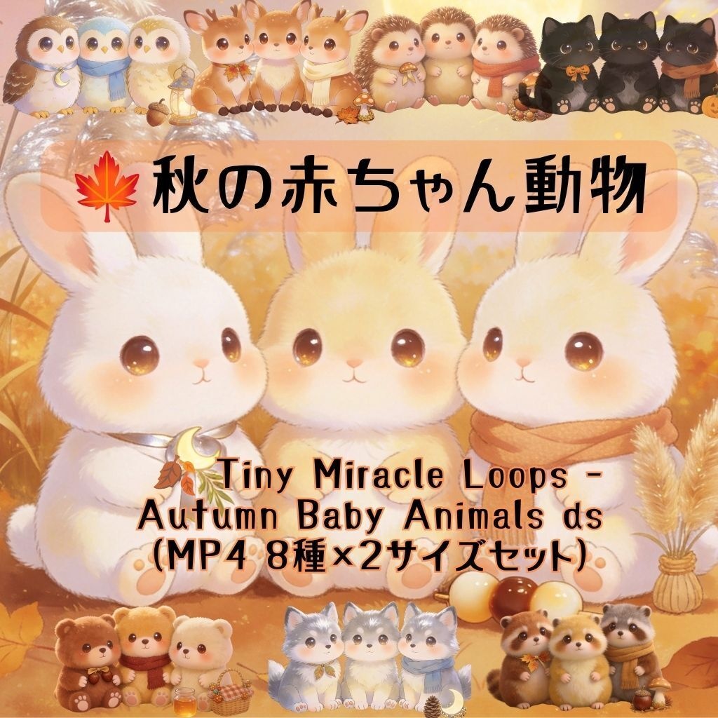 🍂 Tiny Miracle Loops – Autumn Baby Animals Loop Backgrounds（MP4 8種×2サイズセット）