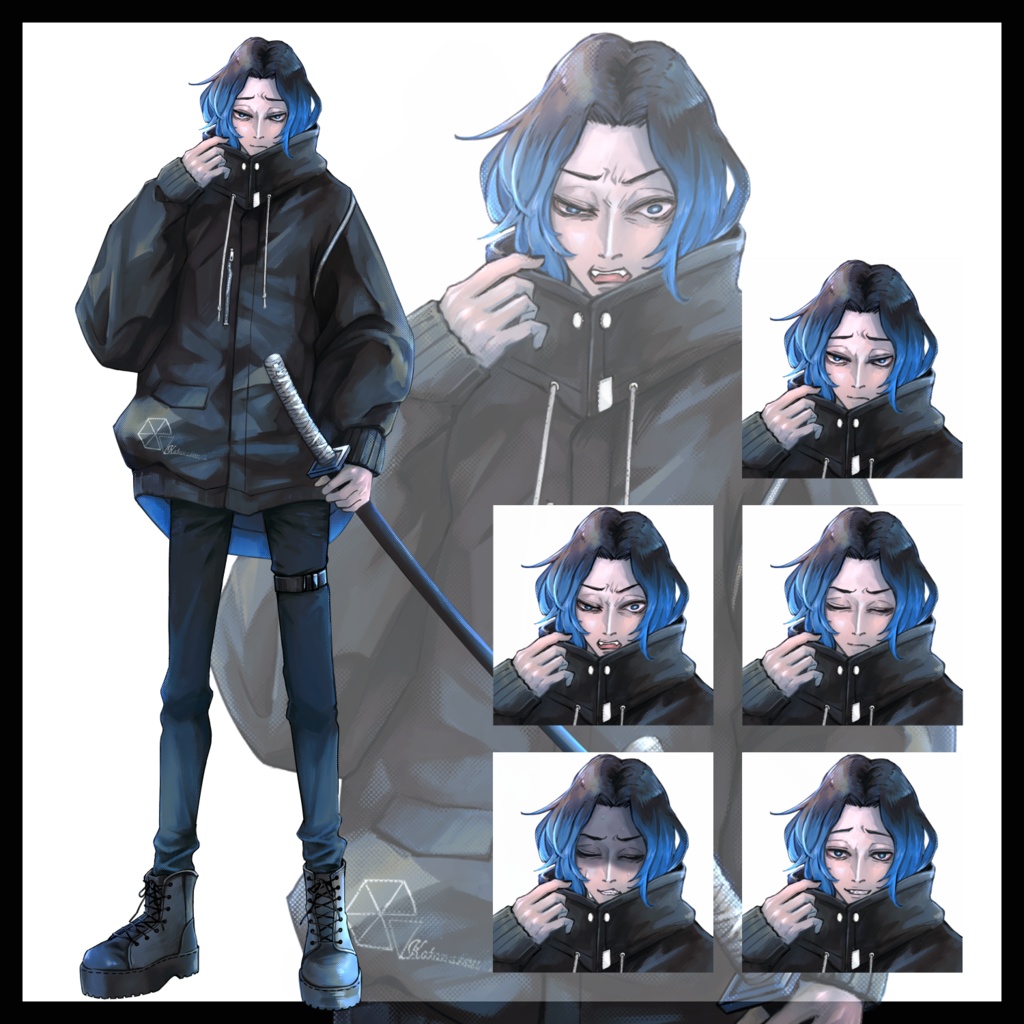 【立ち絵素材】男性_私服_刀_表情差分5種