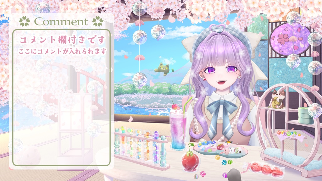 【動く配信背景※静止画有】鯉が泳ぐ池上の桜の間と猫大仏🌸小さな滝のある水上和カフェ🍵🍡縦型配信も対応!