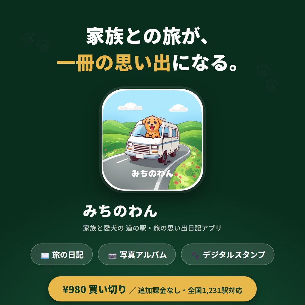 みちのわん|家族と愛犬の旅の思い出日記アプリ プレミアム解除コード(道の駅 全国1,231駅対応)