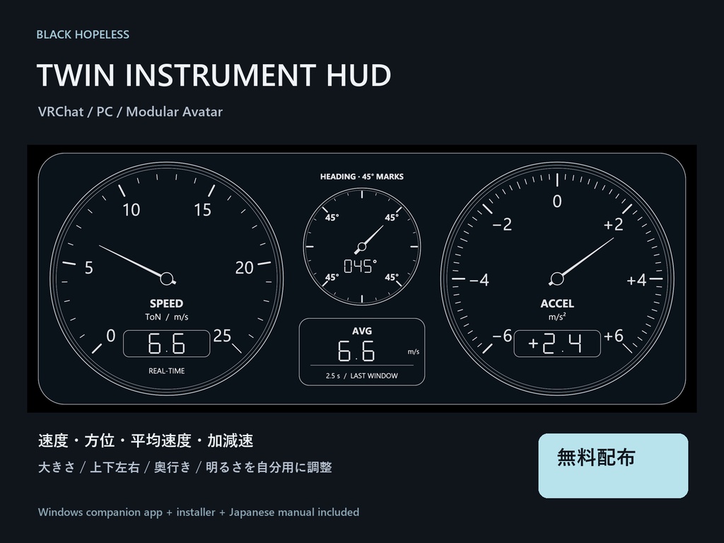 【無料】Twin Instrument HUD|速度・方位・平均速度・加減速メーター【VRChat / Modular Avatar】