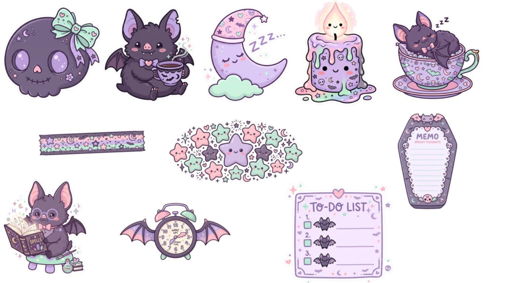 🦇 Cozy Bat Tea Time Digital Stickers | 11 Kawaii Pastel Goth PNGs for GoodNotes & iPad Planners | Creepy Cute Journaling