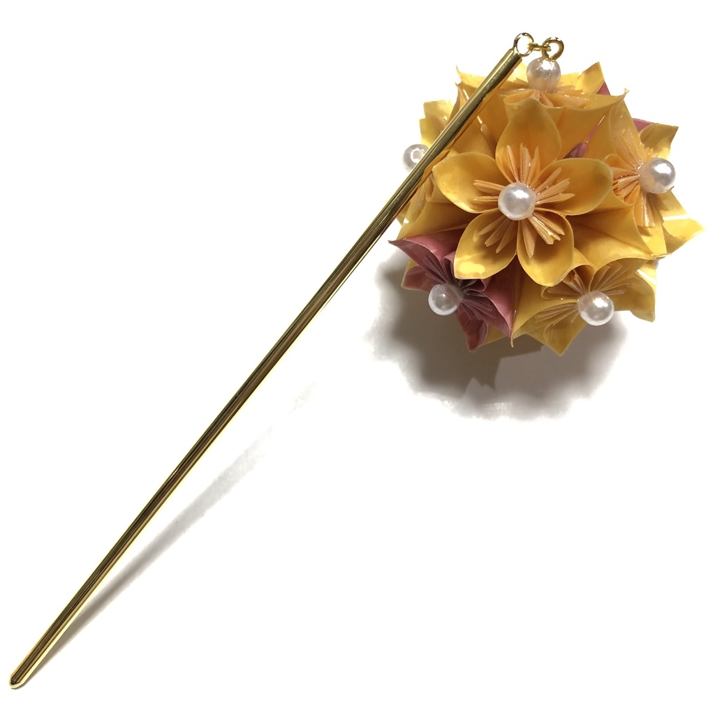 『華の舞』 折り紙 くす玉 かんざし 髪飾り | レッド × イエロー