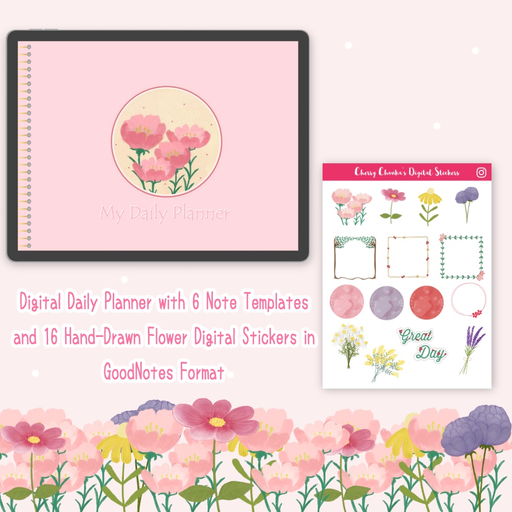 お花のデジタル・デイリープランナー/Digital Daily Planner with 6 Note Templates and 16 Flower Digital Stickers in GoodNotes Format