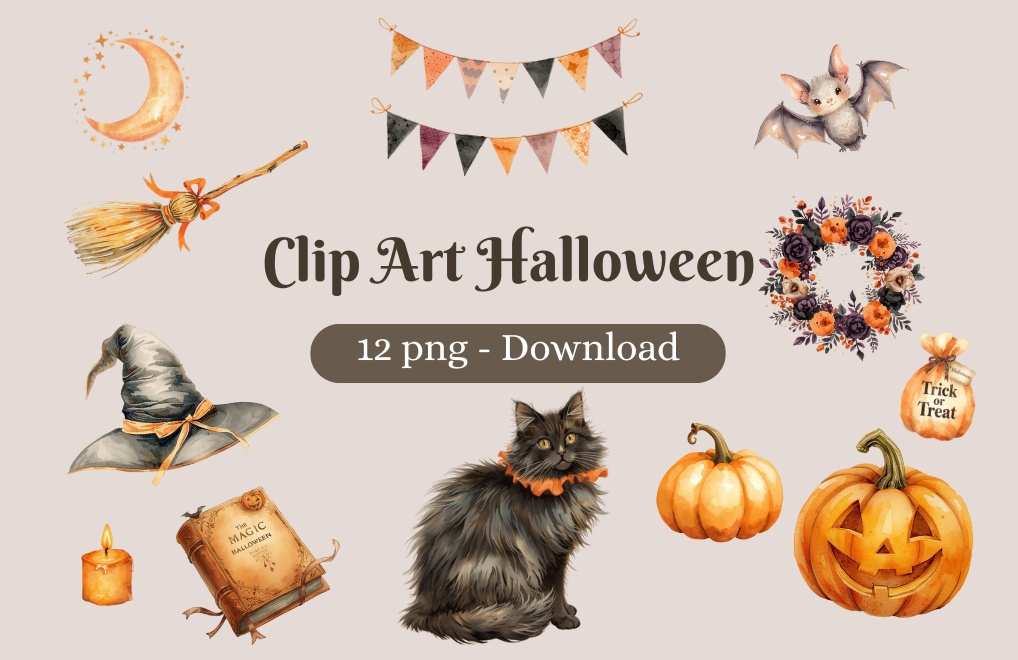 Halloween 水彩クリップアート 12種セット｜アンティーク可愛いオレンジデザイン【PNG形式・透過】